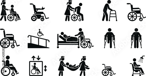 Set of black disability and healthcare icons featuring patients and medical assistance.