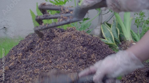 Mixing soil with fertilizer using a hand shovel and a hand fork close up, agriculture.