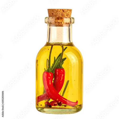 Infused Olive Oil in Glass Bottle with Red Chili Peppers and Rosemary Sprigs, Isolated on White Background for Culinary Design