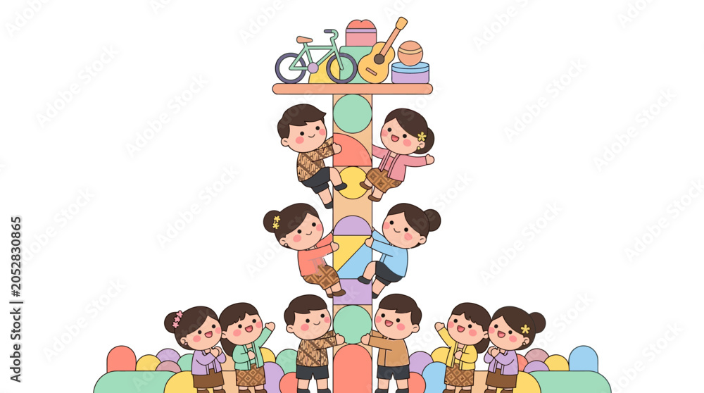 Fototapeta premium Cartoon children forming a human tower with colorful blocks and toys
