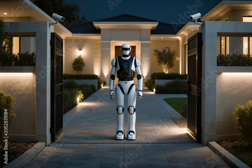 Robot security guard at private luxury villa entrance. Smart home surveillance. Ai protection system. Premium property security concept.