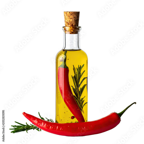 Chili oil bottle stands upright with a fresh red pepper and a rosemary sprig placed on the surface to demonstrate high quality culinary ingredients for gourmet cooking and food preparation.