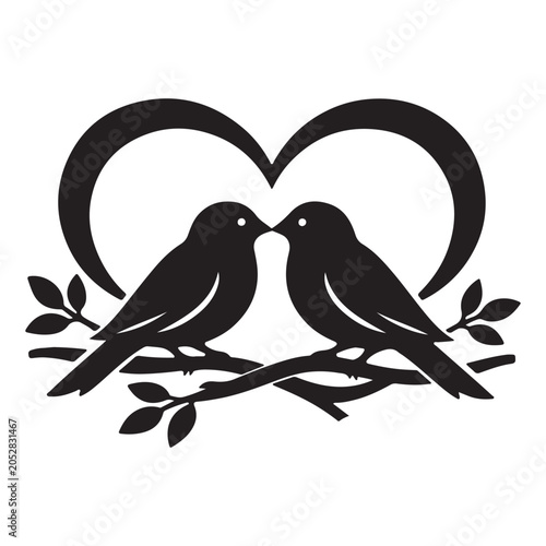 Two love birds perched on branch inside heart shape with valentines, silhouette