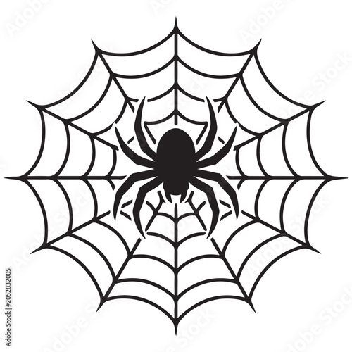 Spider sitting in center of detailed spider web with arachnid, halloween