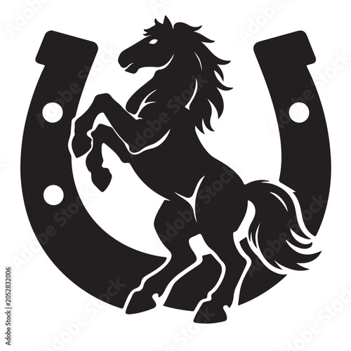 Rearing horse silhouette framed by a horseshoe symbol with horseshoe, stallion
