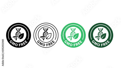 GMO Free Food Certification Badge Icon Set with DNA Helix Leaf Symbol Silhouette Outline Green and Dark Green Versions Isolated on White Background