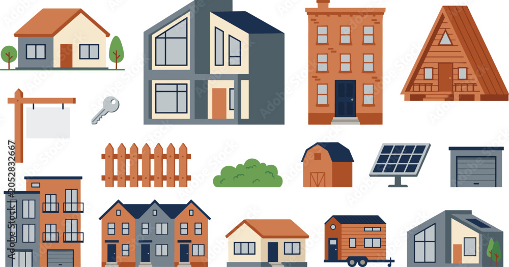 Fototapeta premium Real Estate House Vector Set with Modern Villa Tiny Home Cabin Apartment Building and Solar Panel Icons for Property Architecture Designs