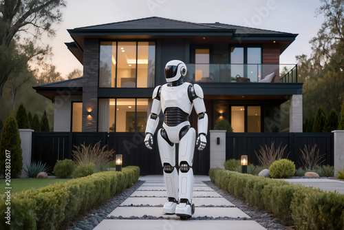 Robot security guard patrolling private house yard. Smart home surveillance. Ai property protection. Future residential security concept.