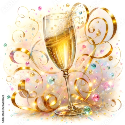 A delicate watercolor illustration of a sparkling champagne flute bursting with golden bubbles, surrounded by vibrant pastel confetti swirling in the air. 