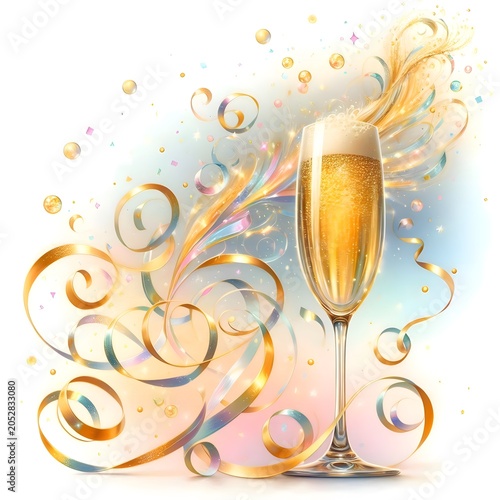A delicate watercolor illustration of a sparkling champagne flute bursting with golden bubbles, surrounded by vibrant pastel confetti swirling in the air. 