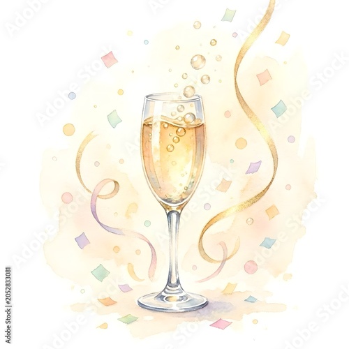 A delicate watercolor illustration of a sparkling champagne flute bursting with golden bubbles, surrounded by vibrant pastel confetti swirling in the air. 