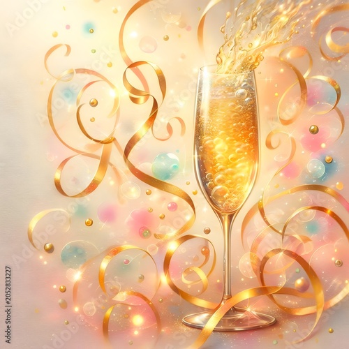 A delicate watercolor illustration of a sparkling champagne flute bursting with golden bubbles, surrounded by vibrant pastel confetti swirling in the air. 