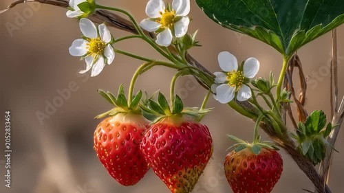 Close-up of ripe strawberries and white flowers on a plant, with a blurred background