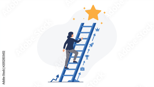 Foto Businesswoman Climbing Ladder to Star, Symbolizing Career Success and Goal Achievement