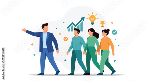 Obraz na plátne Business Leader Guiding Team Towards Success and Growth with Innovation and Achievement Icons
