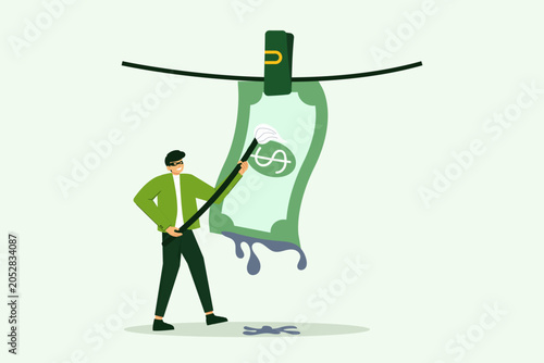 Money Laundering Illusion. A stylized illustration depicts a person attempting to wash a dollar bill on a clothesline, symbolizing the concept of money laundering and financial deceit.