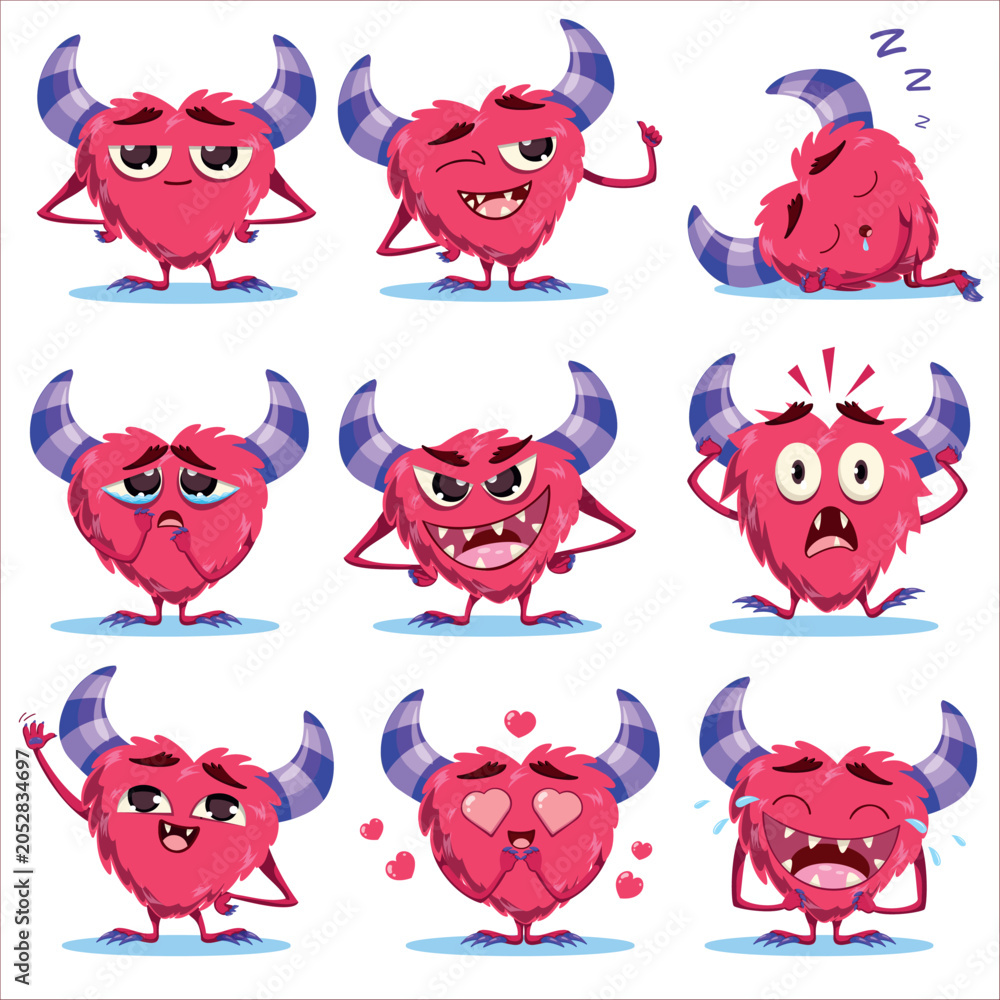 Fototapeta premium Cute red fluffy monster heart Character Emotion Pack, Funny Cartoon Mascot Set