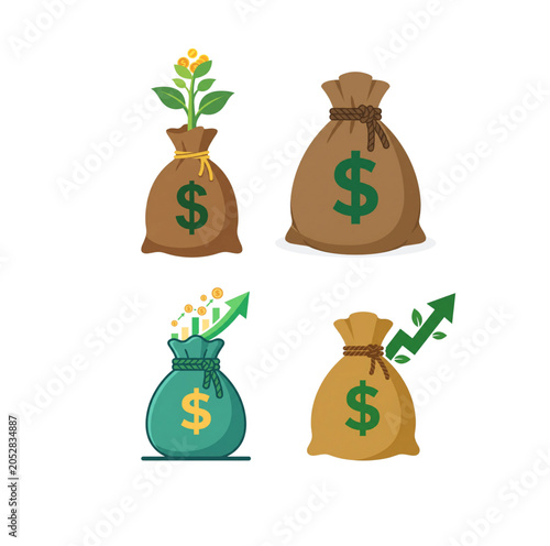 Money bags with growing plants and upward arrows signifying financial growth, investment, and profit generation