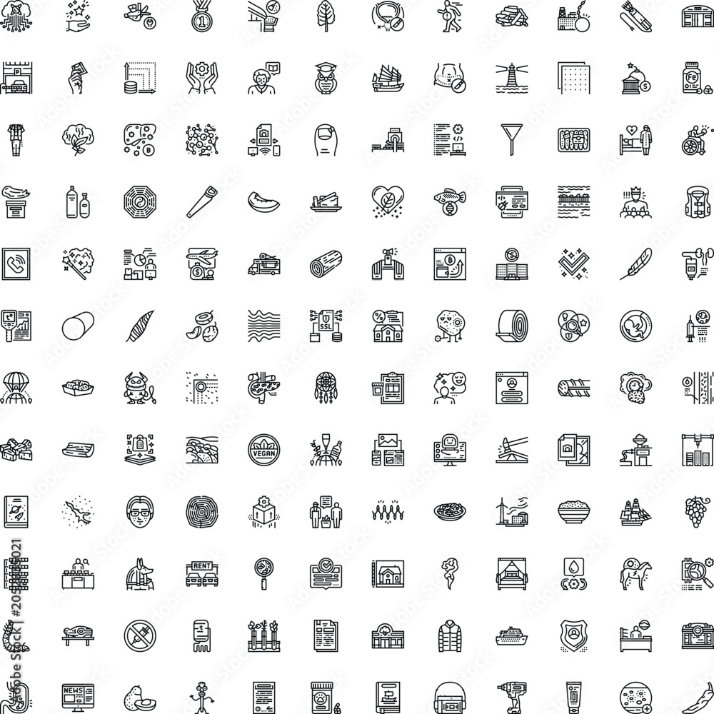 Fototapeta premium Diverse set of line art flat icons providing a comprehensive collection of symbols and pictograms for various industries, applications, and modern life themes