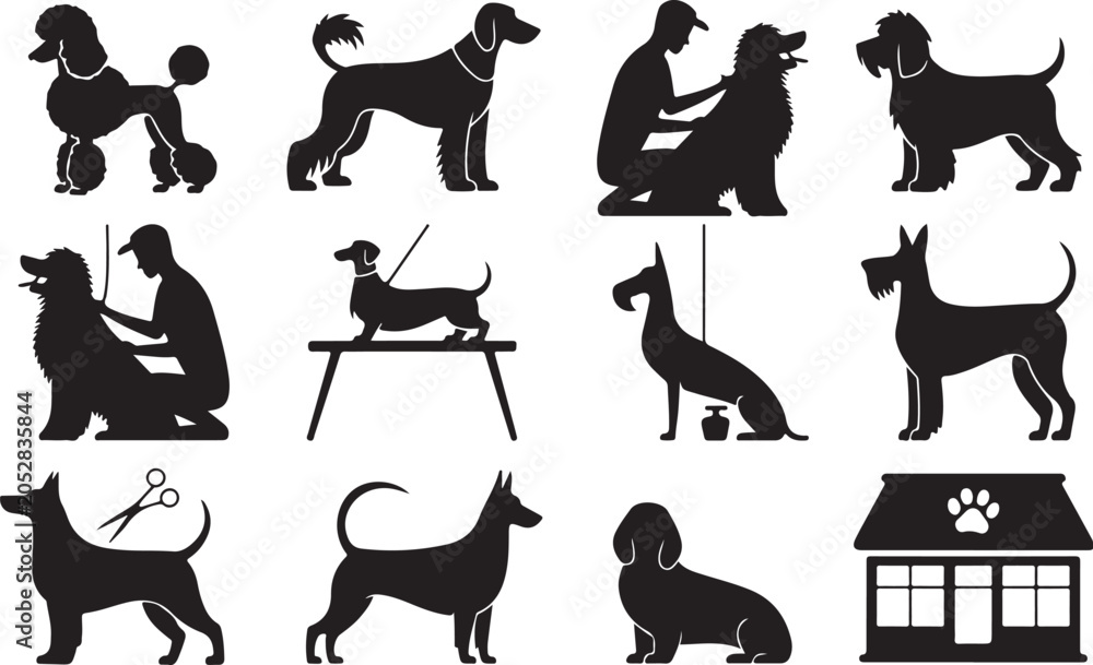 Fototapeta premium Black and white dog silhouette icons set