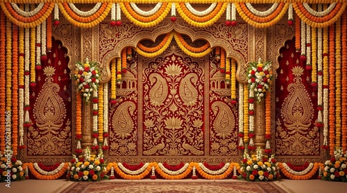 Regal crimson and gold — an opulent mandap backdrop worthy of a royal Indian wedding.