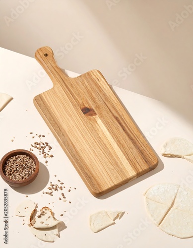 Wooden cutting board and ingredients on a beige surface photography