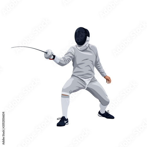Fencer in action, poised for attack with foil, isolated on white background.