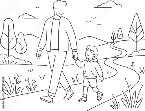 Minimal flat vector illustration of a father and son walking hand in hand on a peaceful path