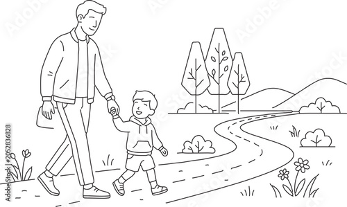 Minimal flat vector illustration of a father and son walking hand in hand on a peaceful path