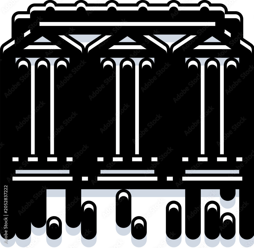 Naklejka premium Classical building architectural facade featuring prominent columns and a pediment, symbolizing history, knowledge, and justice in a clean graphic outline style