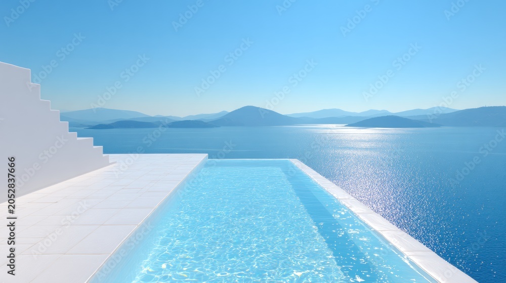 Fototapeta premium Infinity Pool with Stunning Ocean View and Blue Sky.