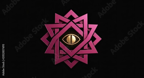 Mystical purple geometric star logo with central eye icon.