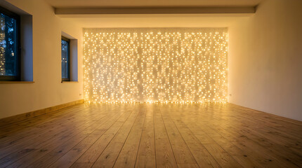 Empty Room Illuminated by a Warm Curtain of Fairy Lights