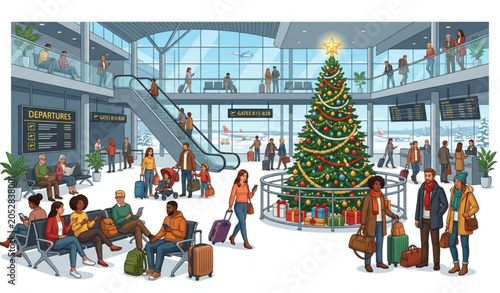 Photos Holiday Travelers Waiting in Airport Terminal with Christmas Tree Vector Illustr