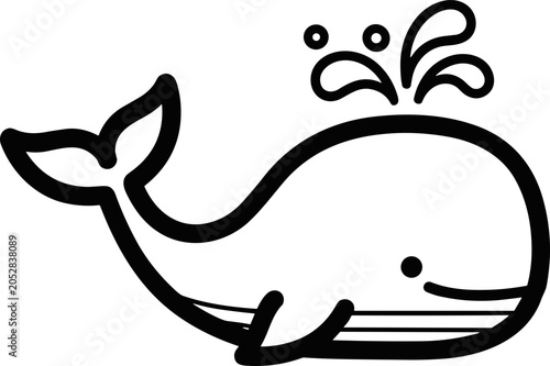 Foto Cute cartoon whale spouting water, simple line art illustration, isolated on white background