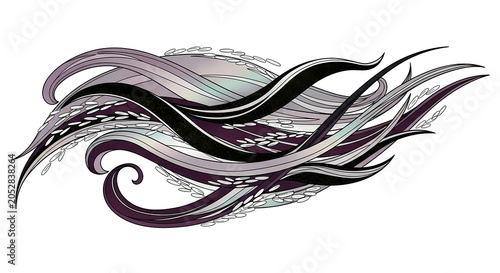 Art Nouveau Japanese (Jugendstil) Style. flowing nori seaweed and rice lines, organic, curvilinear forms, in a palette of deep aubergine, iridescent mother-of-pearl, charcoal