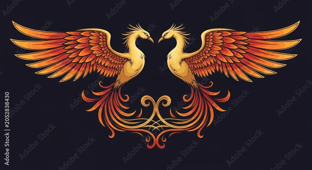 Fototapeta premium Twin golden phoenix firebirds symmetrical mythical bird illustration.