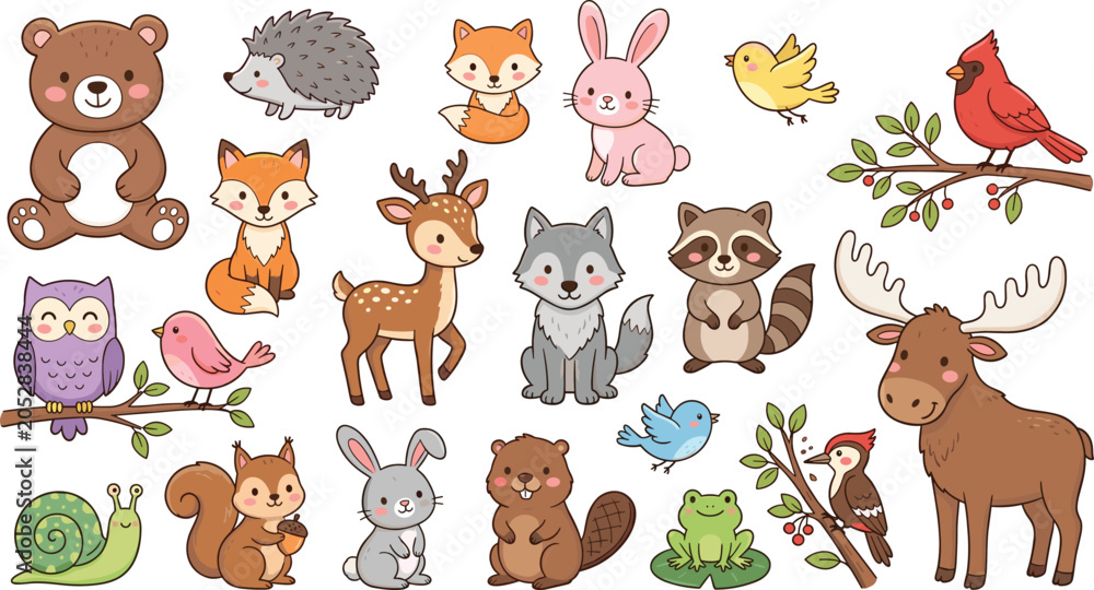 Fototapeta premium Cute Woodland Animals Vector Illustration Set with Bear Fox Deer Moose Owl and Bunny Cartoon Characters for Kids Nursery Patterns and Creative Clipart