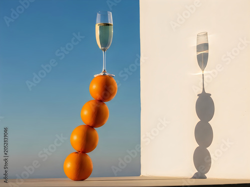 Champagne glass balanced on stacked oranges against blue sky.