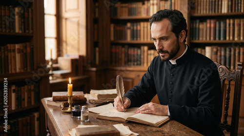 Saint Ignatius of Loyola writing in a historic library. Portrait of a priest with a quill pen in a study