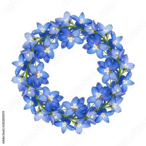 Delicate blue forget me not flower wreath with green leaves