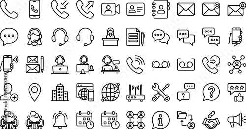 Customer support line icon set featuring call center agent headset telephone smartphone envelope chat bubble router and contact communication elements