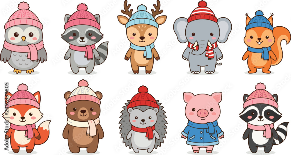 Obraz premium Cute Winter Animals Vector Illustration Set with Owl Deer Elephant Bear Fox and Hedgehog Wearing Cozy Knitted Hats for Christmas Nursery Designs