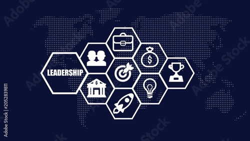 Photos Hexagonal representing leadership concepts with map Generate title without using the word Title: before it