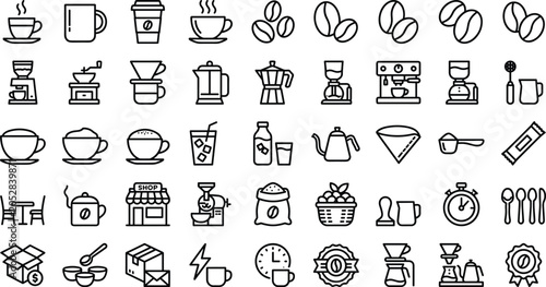 Obraz na płótnie Cafe element icons bundle with takeaway cup french press coffee grinder milk fro