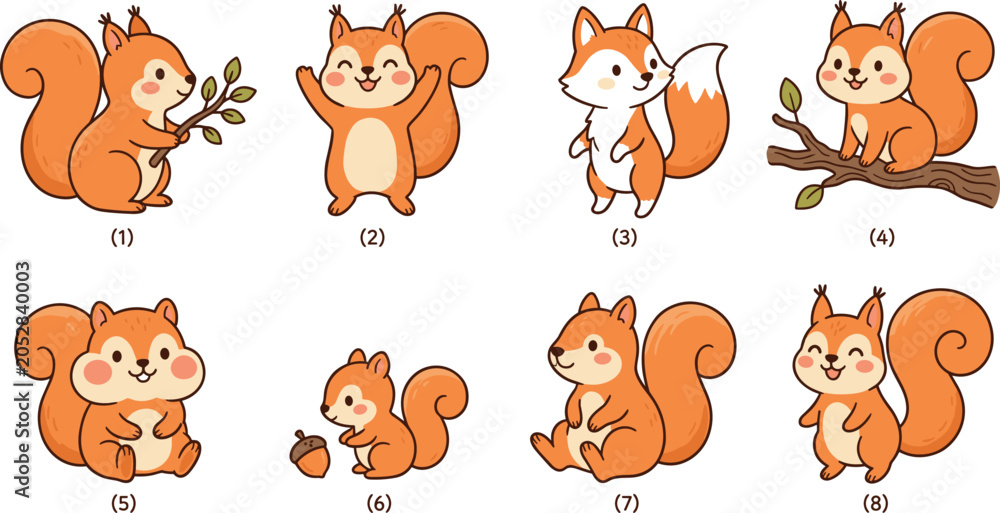 Fototapeta premium Cute Woodland Animals Vector Illustration Set with Cartoon Squirrels Fox Branch and Acorn Characters for Kids Nursery Patterns and Sticker Designs