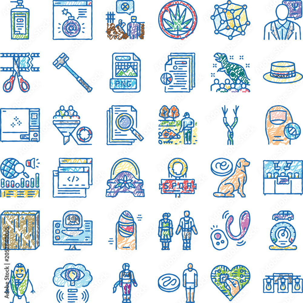 Fototapeta premium Hand drawn doodle set of colorful business, science, technology and nature iconsplayful sketches depicting innovation, data, web, health, environment, and connectivity concepts