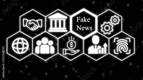 Obraz na plátně Hexagonal with fake news theme including handshake globe building money and biom