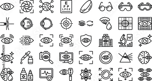 Ophthalmology and eye care line icon set featuring vision optics medical clinic technology and laser vectors