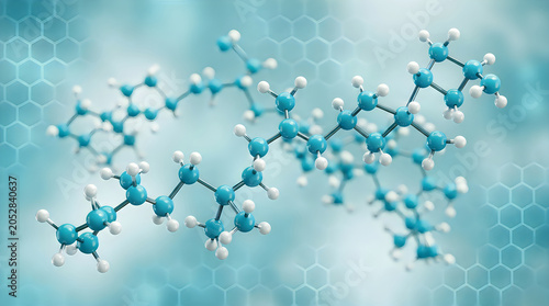 Molecular structure visualization blue polymer chain with hexagonal background
